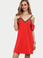 Shein Red Cold Shoulder Embellished Neck Backless Shift Dress