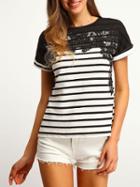 Shein Black White Crew Neck Lace Striped T-shirt