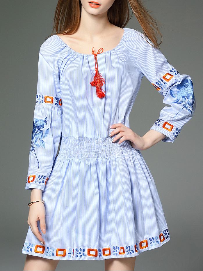 Shein Blue Tie Neck Elastic-waist Embroidered Striped Dress