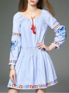 Shein Blue Tie Neck Elastic-waist Embroidered Striped Dress