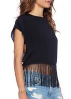 Rosewe Fringe Decorated Cap Sleeve Black Blouse