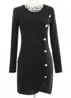 Rosewe Round Neck Button Embellished Solid Black Pencil Dress