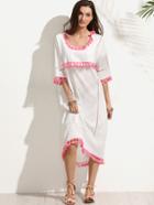 Shein Contrast Tassel Trimmed White Shift Hollow Dress