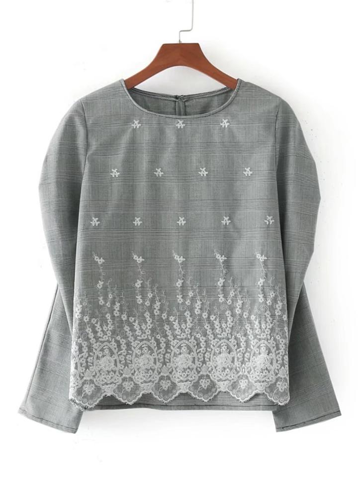 Shein Embroidery Detail Zigzag Trim Plaid Blouse