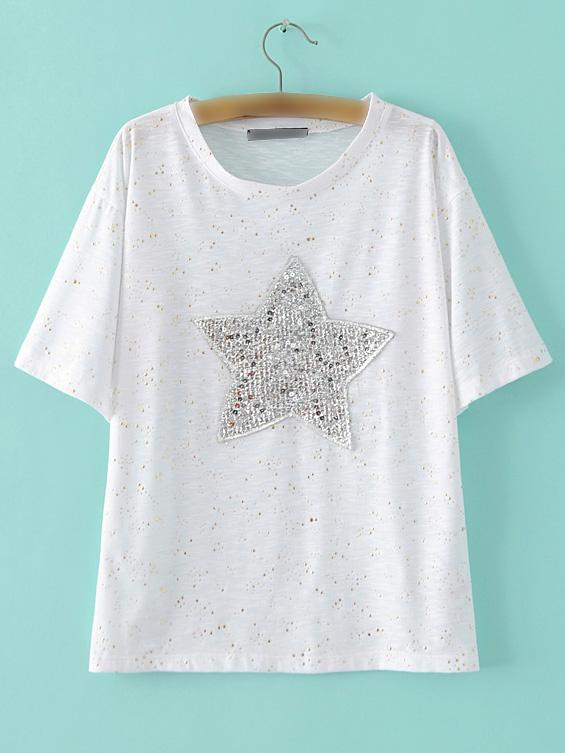 Shein White Round Neck Star Sequined T-shirt