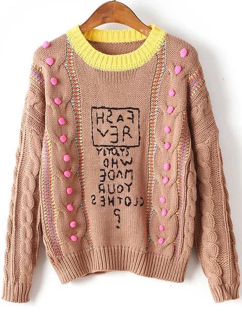 Shein Coffee Contrast Neck Cable Knit Pom Pom Sweater