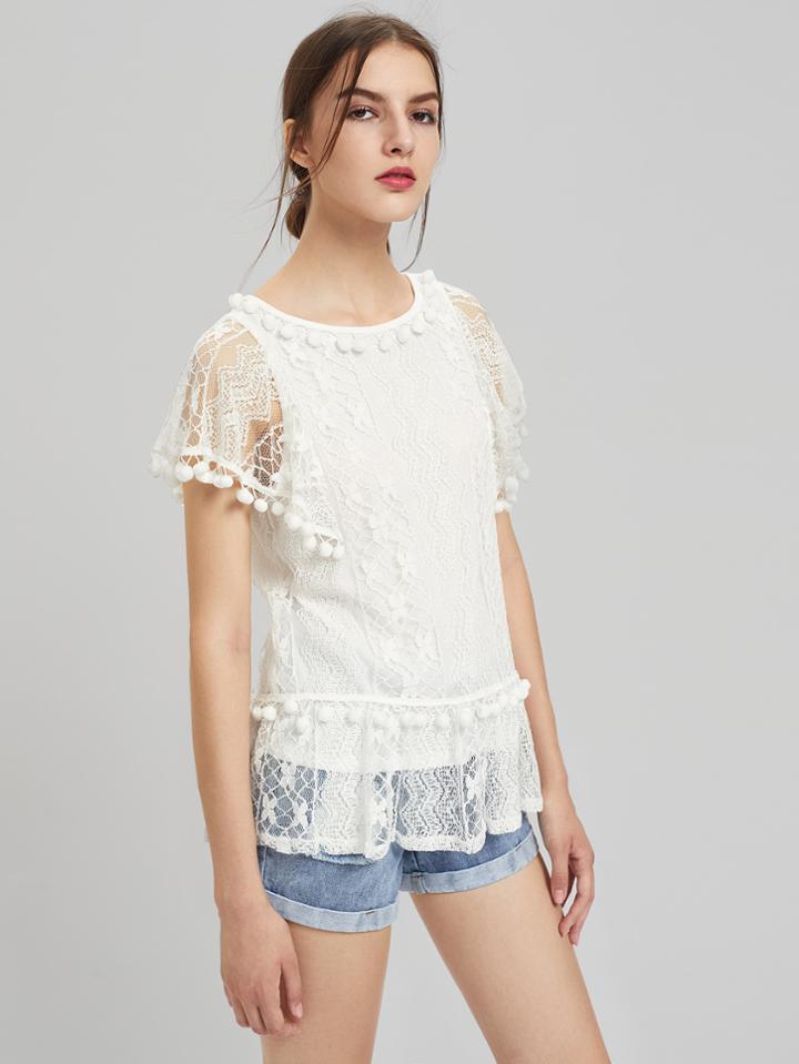 Shein Pom Pom Trim Cape Sleeve Lace Top