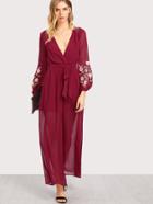 Shein Embroidered Lantern Sleeve Wrap Palazzo Jumpsuit