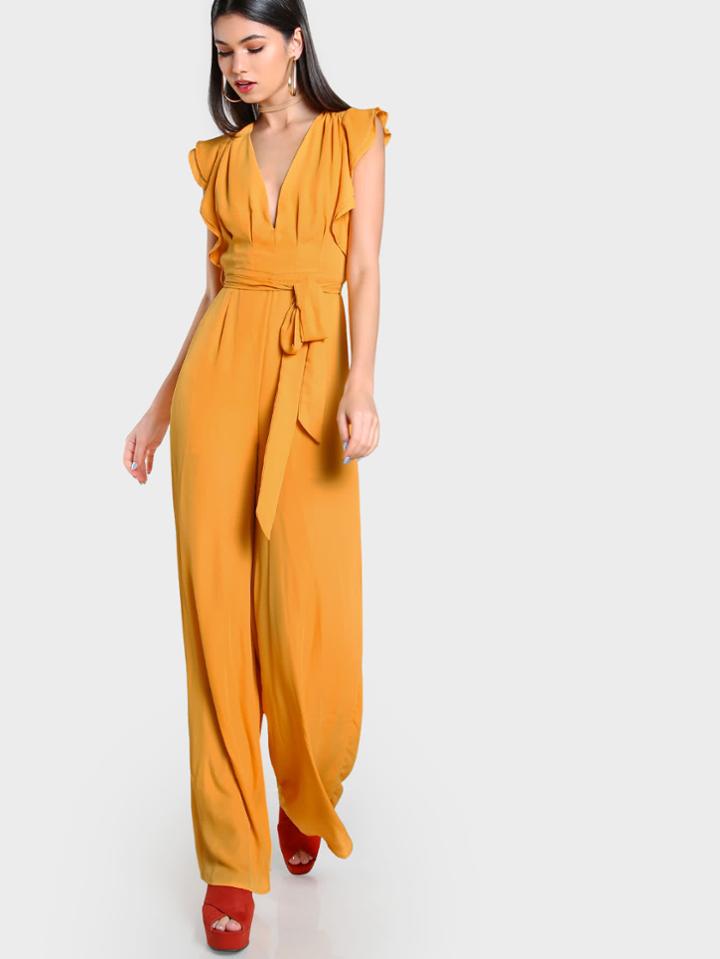 Shein Flutter Sleeve Split Back Plunging Palazzo Jumpsuit