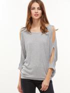Shein Heather Grey Cutouts Dolman Sleeve Tied V Back T-shirt
