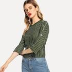 Shein Buttoned Sleeve Striped T-shirt
