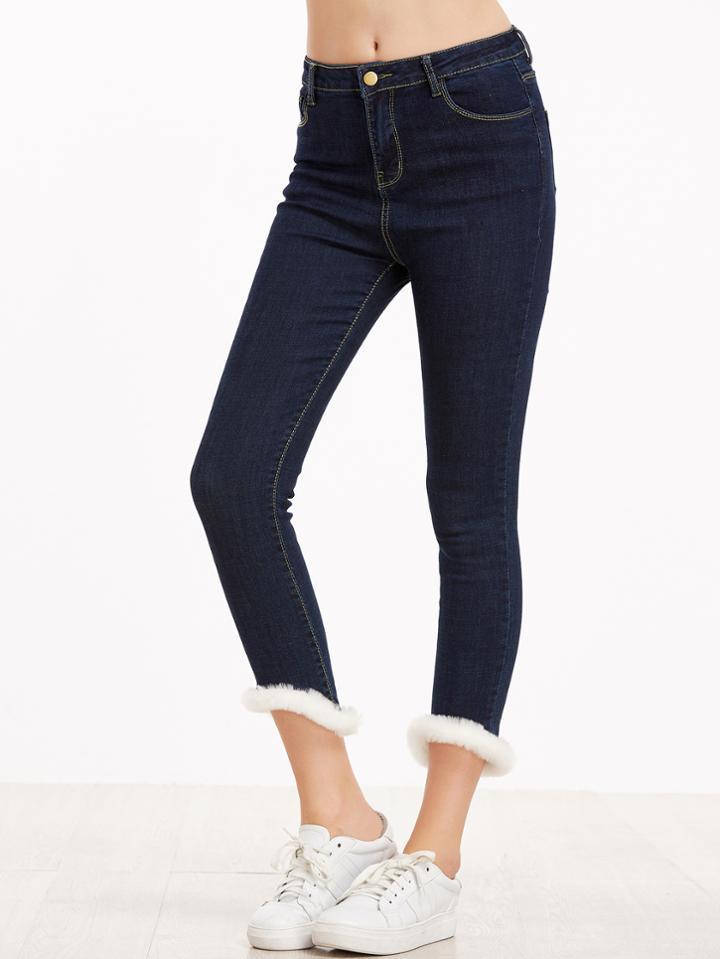 Shein Dark Blue Contrast Faux Fur Dip Hem Jeans