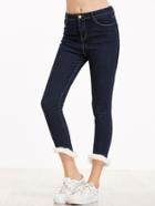Shein Dark Blue Contrast Faux Fur Dip Hem Jeans