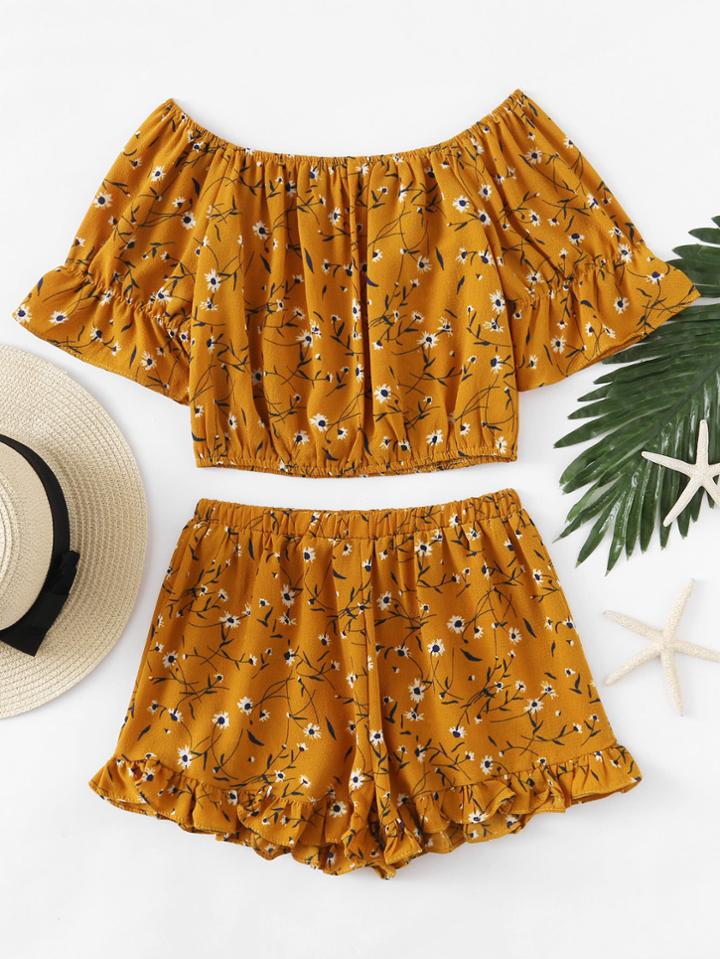 Shein Bardot Calico Print Crop Top With Frill Hem Shorts