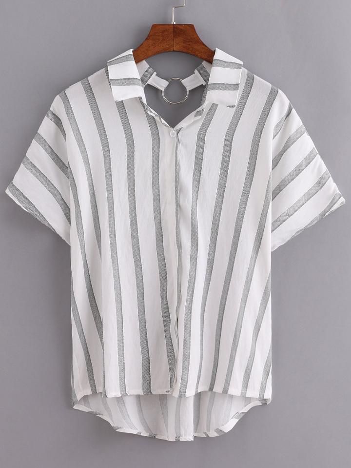 Shein Vertical Striped Cut Out Back Blouse