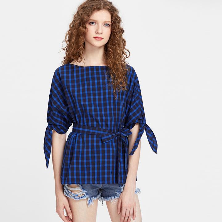 Shein Checkered Tie Sleeve Belted Top