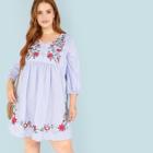 Shein Plus Flower Embroidered Button Front Striped Dress