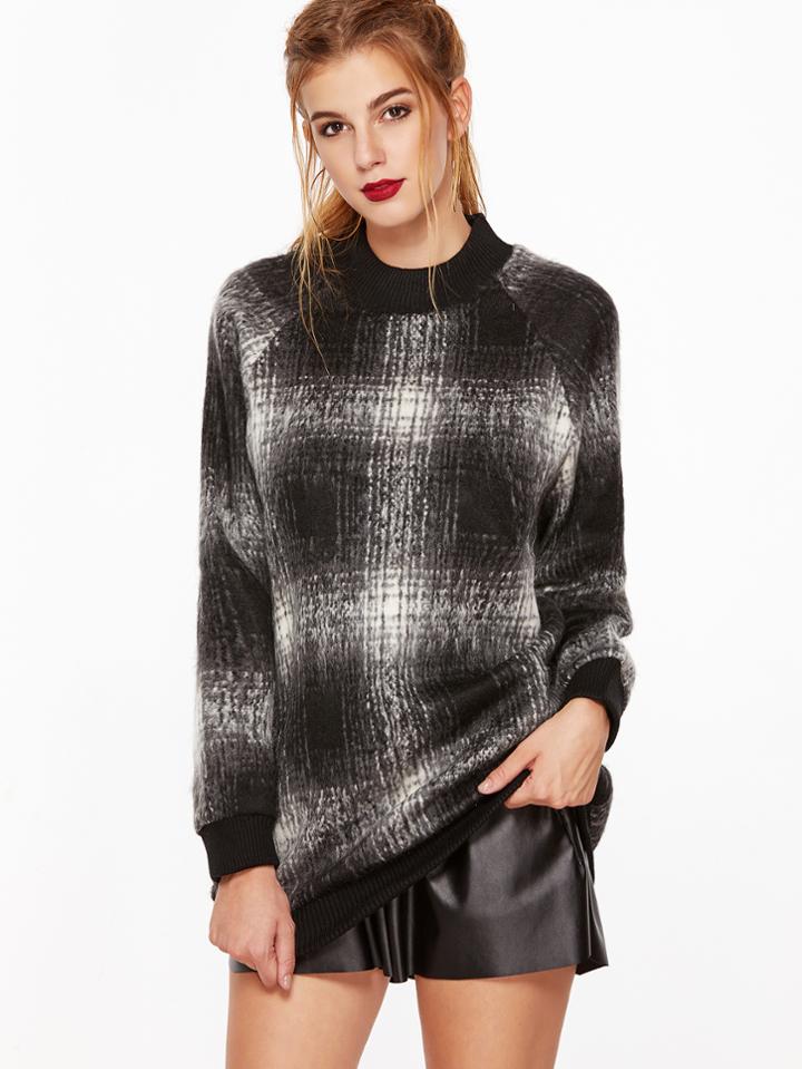 Shein Contrast Ribbed Trim Raglan Sleeve Plaid Sweatshirt