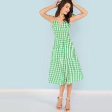 Shein Pocket Patched Frill Detail Plaid Cami Dress
