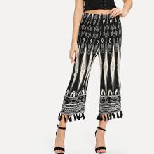 Shein Tribal Print Tassel Hem Wide Leg Pants