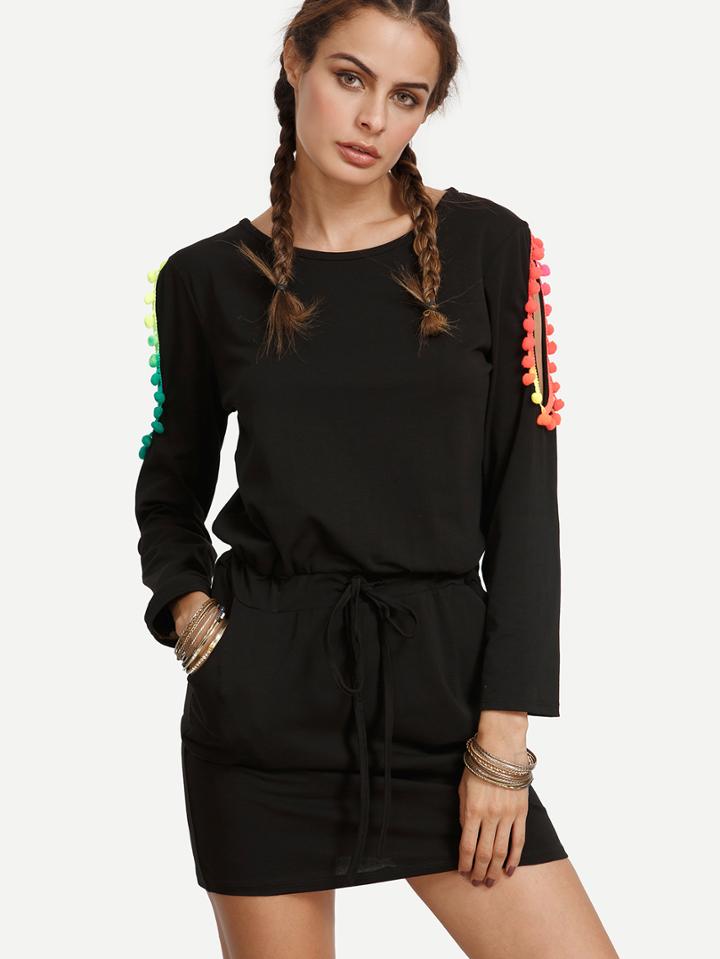 Shein Black Pom-pom Trim Cut Out Long Sleeve Dress