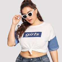 Shein Plus Contrast Sleeve Letter Print High Low Tee
