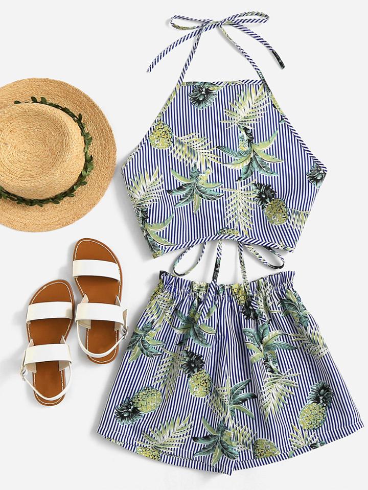 Shein Foliage Print Striped Crop Halter Top With Shorts