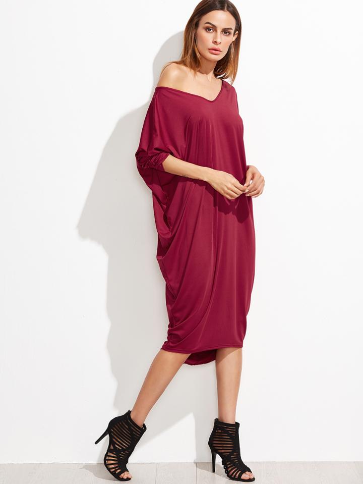 Shein Burgundy V Neck Cut Out Back Dip Hem Dress