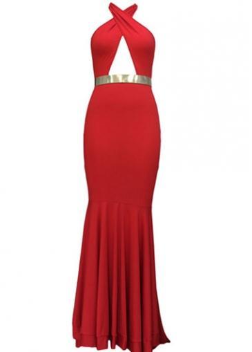 Rosewe Catching Halter Neck Hollow Design Solid Red Dress