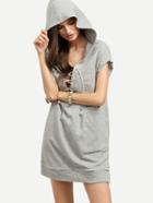 Shein Grey Lace Up Short Sleeve Hooded Split Sweatshirt