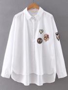 Shein White Button Front Dipped Hem Applique Blouse