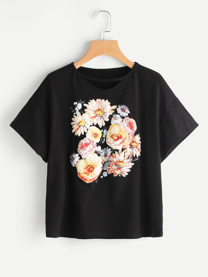 Shein Flower Print Drop Shoulder Tee