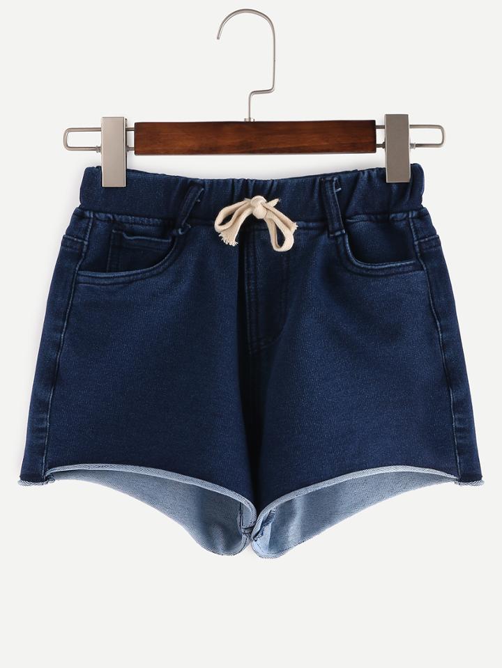Shein Drawstring Waist Raw Hem Blue Denim Shorts