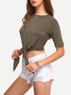 Shein Army Green Knotted Crop T-shirt