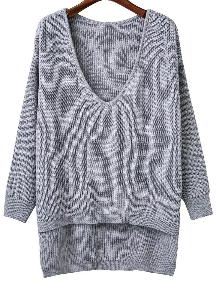 Shein Grey V Neck High Low Knitwear