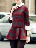 Shein Red Ruffle Hem Slim Plaid Woolen Dress