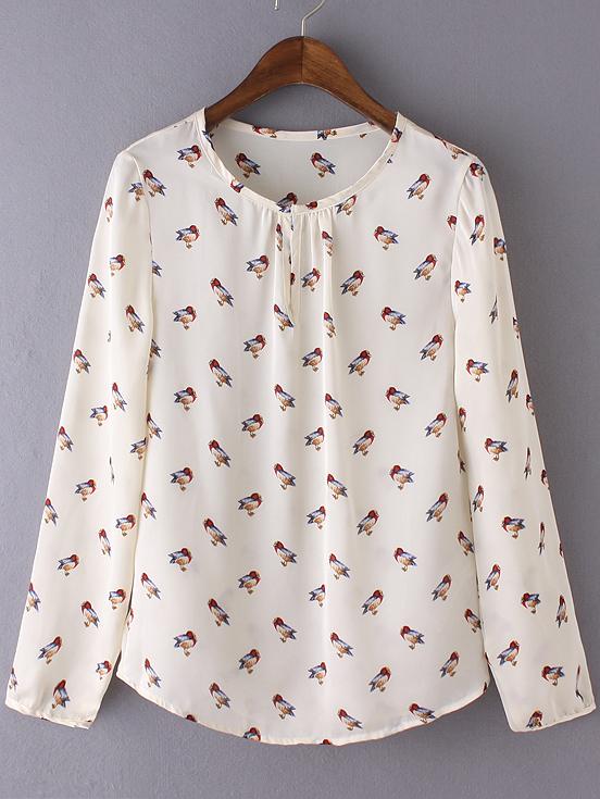 Shein Multicolor Long Sleeve Birds Print Chiffon Blouse