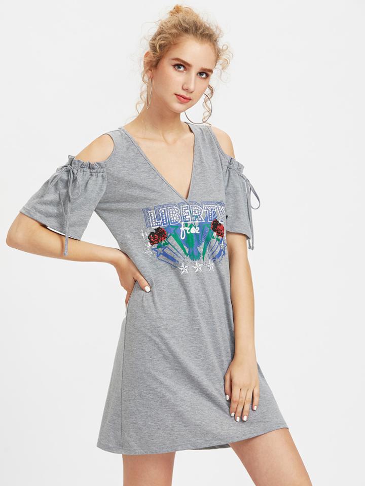 Shein Open Shoulder Drawstring Sleeve Heathered Tee Dress