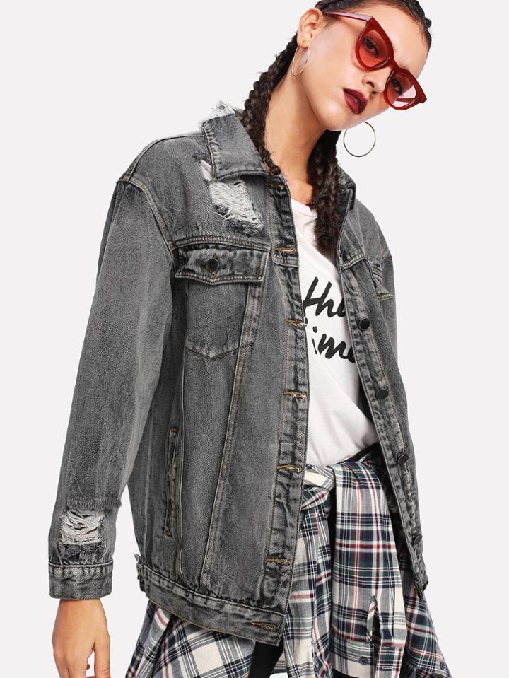 Shein Dark Wash Rips Detail Boyfriend Denim Jacket