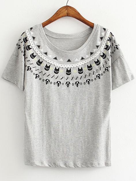 Shein Grey Short Sleeve Beaded Cats Print T-shirt