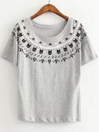 Shein Grey Short Sleeve Beaded Cats Print T-shirt