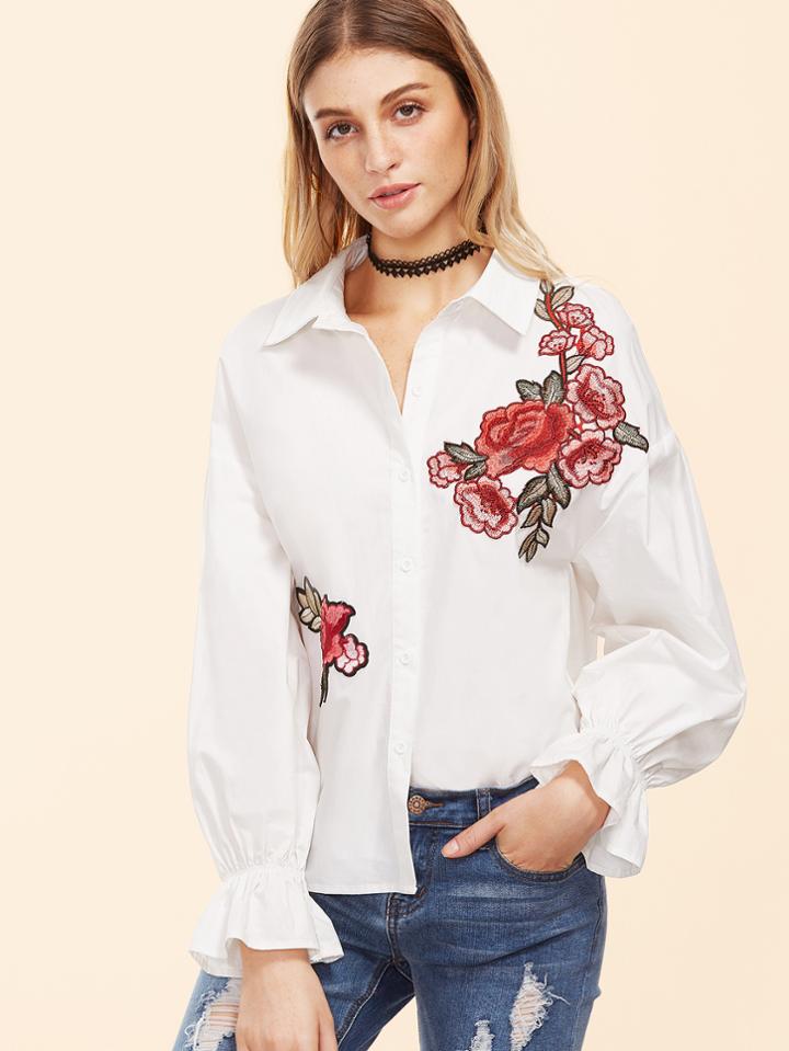 Shein Embroidered Ruffle Sleeve Blouse