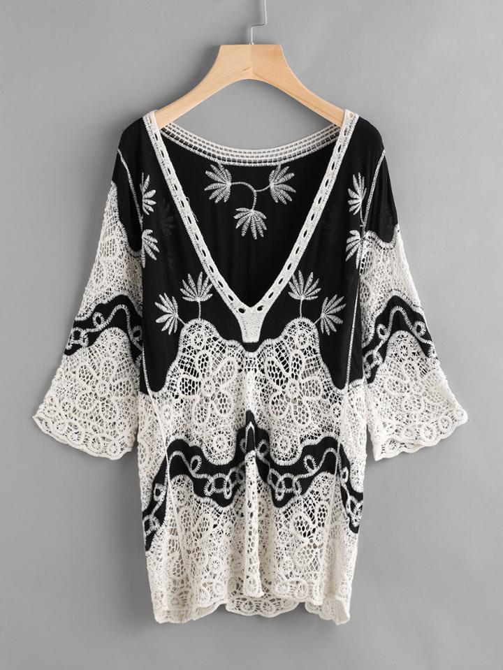 Shein V Neckline Embroidered Eyelet Crochet Cover Up