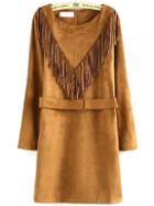 Shein Khaki Fringe Bronze Round Neck Tassel Belt Dress