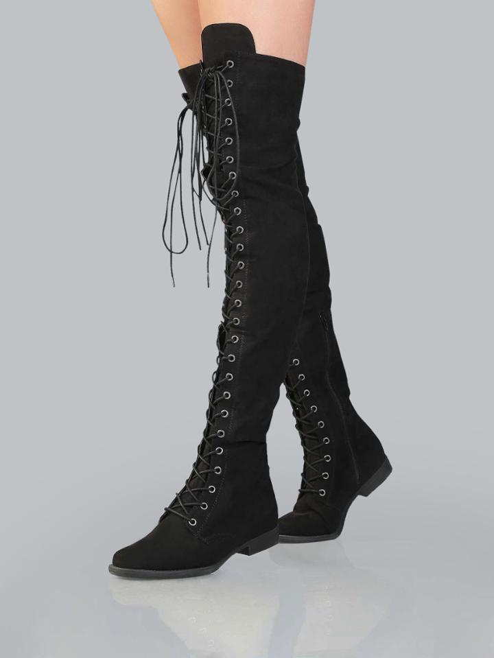 Shein Lace Up Flat Suede Boots Black