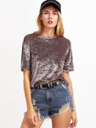 Shein Coffee Short Sleeve Crushed Velvet T-shirt