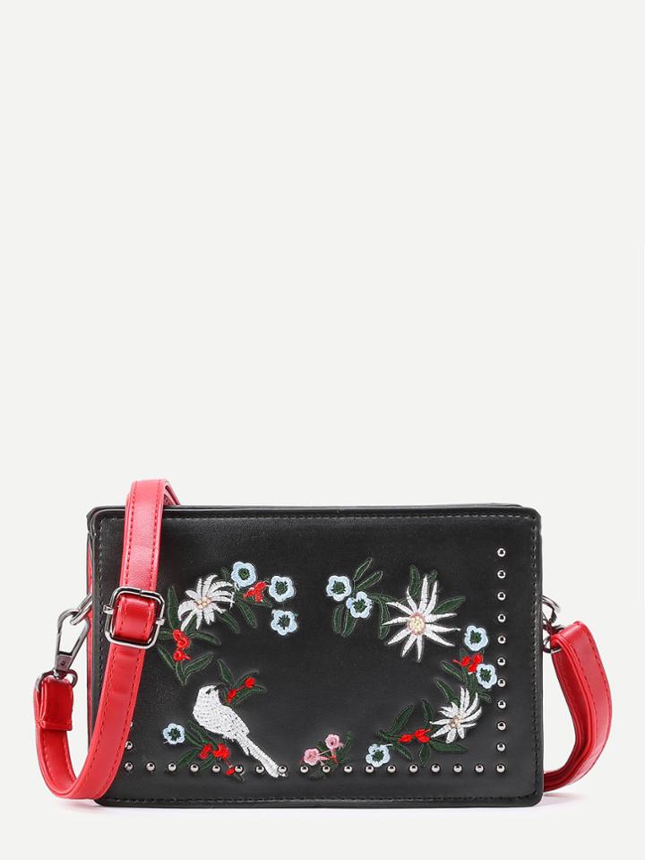 Shein Flower Embroidery Pu Crossbody Bag With Studded