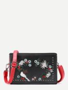 Shein Flower Embroidery Pu Crossbody Bag With Studded