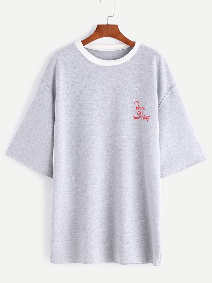 Shein Heather Grey Printed Contrast Trim Drop Shoulder T-shirt