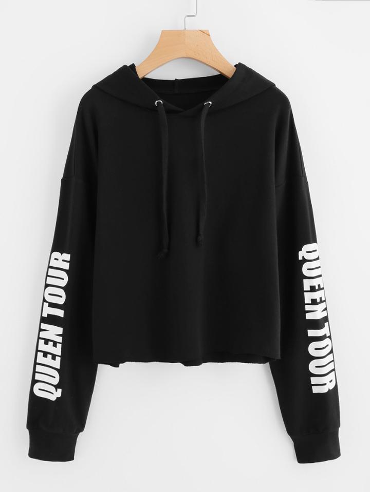 Shein Raw Cut Hem Printed Sleeve Hoodie